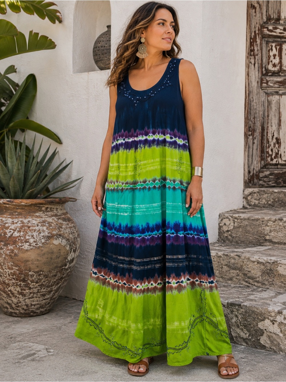 Charlie Paige One Size 2X Tie Dye Maxi Dress Cotton Embroidered Beaded Boho